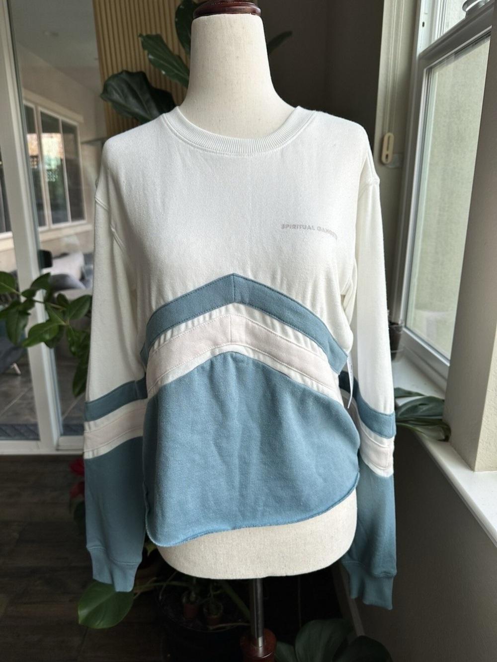 Spiritual Gangster Cream & Blue Chevron Pullover Sweatshirt